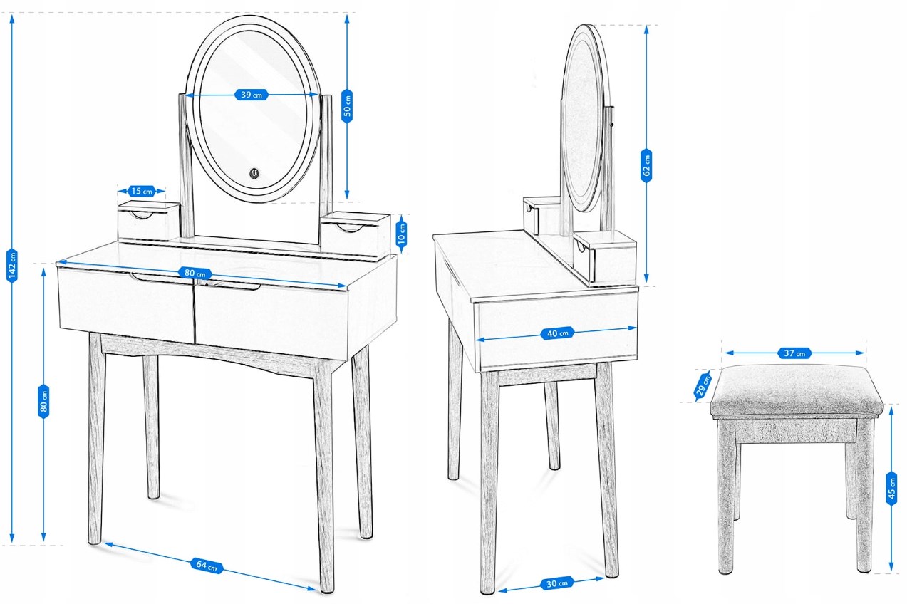 toaletka z podświetlanym lustrem i stołkiem